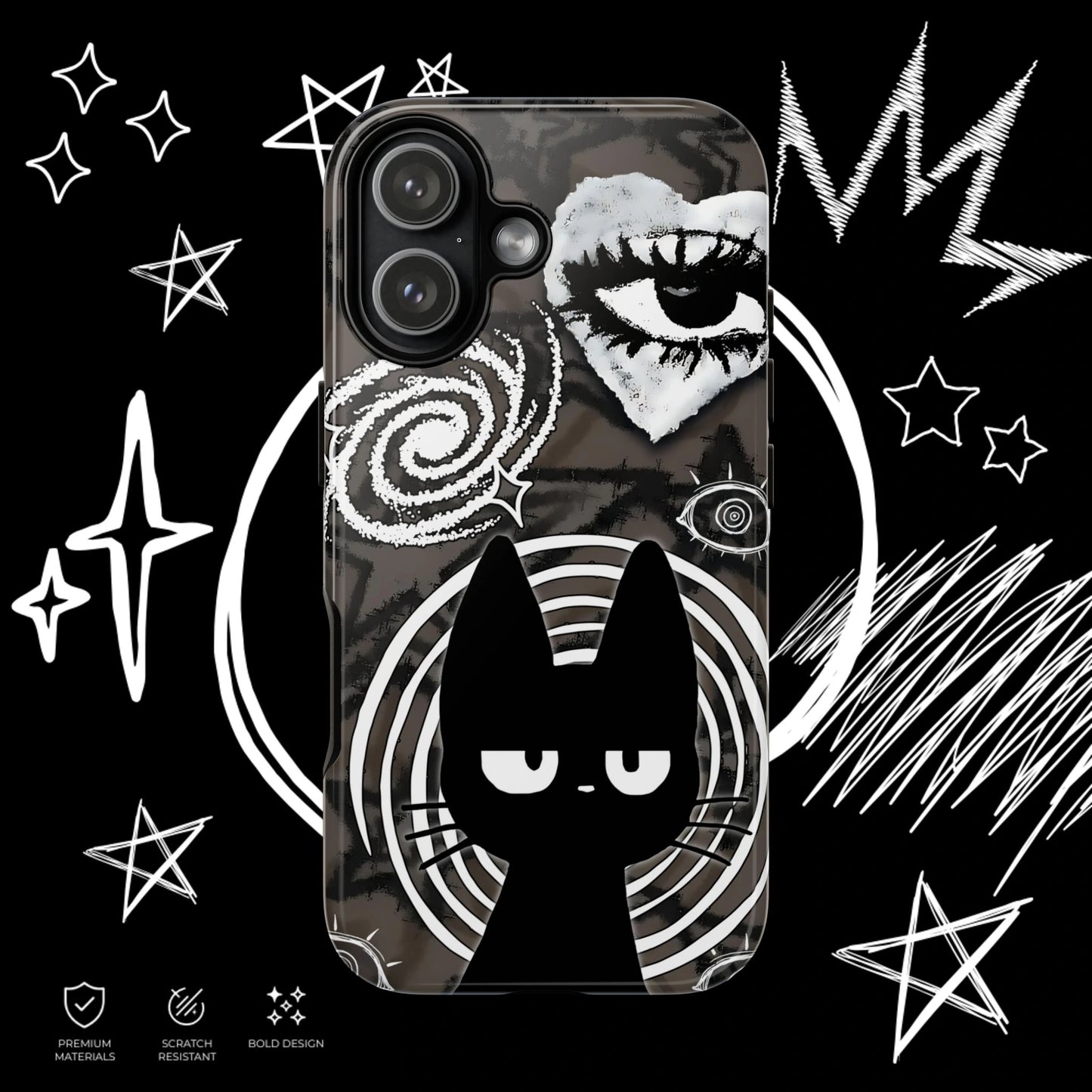 Black cat aesthetic phone case featuring celestial symbols and dark grunge monochrome artwork