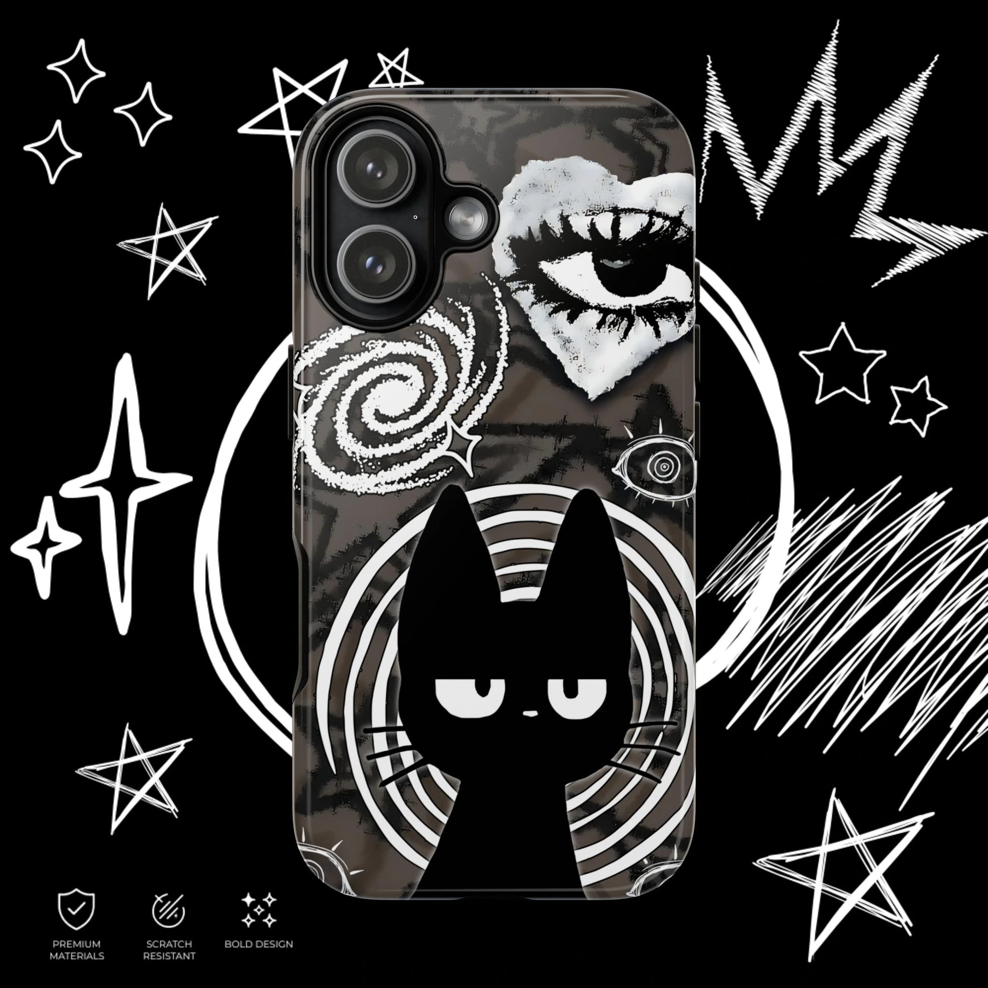 Black cat aesthetic phone case featuring celestial symbols and dark grunge monochrome artwork