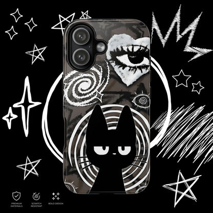 Black cat aesthetic phone case featuring celestial symbols and dark grunge monochrome artwork