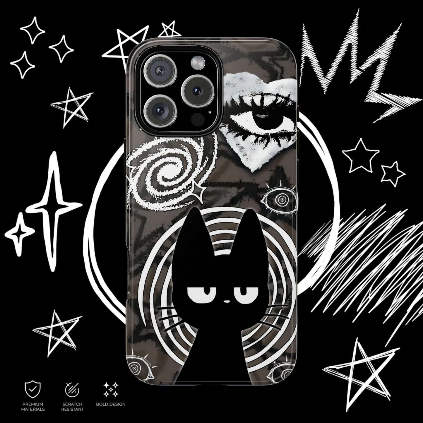 Alternative black cat phone cover with mystical eye design and gothic emo aesthetic