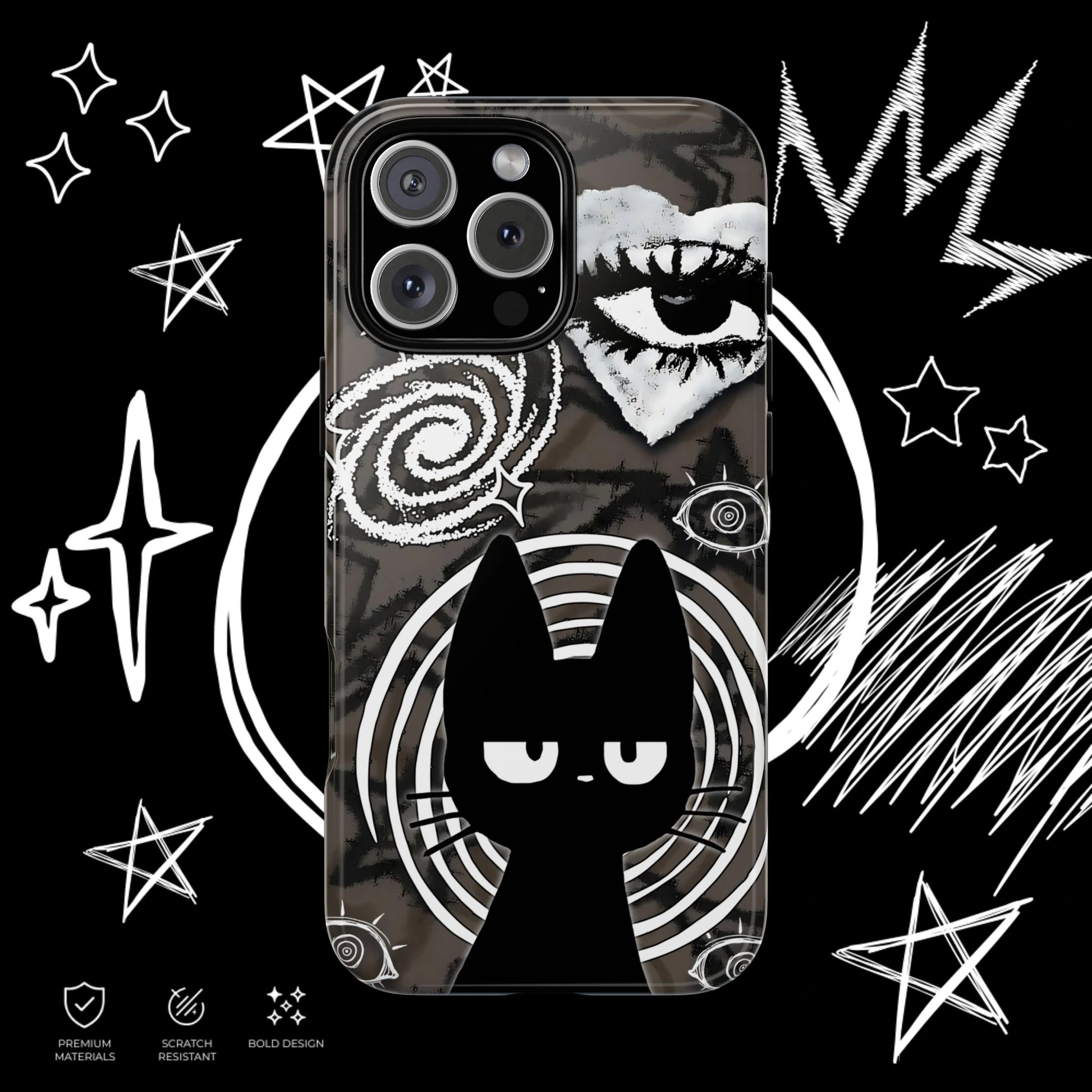 Alternative black cat phone cover with mystical eye design and gothic emo aesthetic