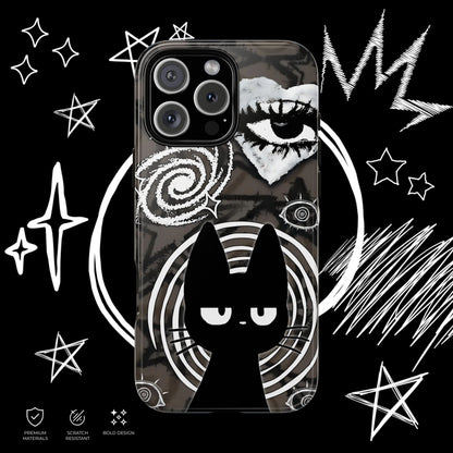Alternative black cat phone cover with mystical eye design and gothic emo aesthetic