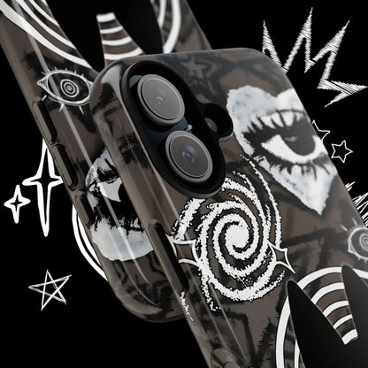Monochrome black cat phone case with occult eye illustration and alternative gothic style