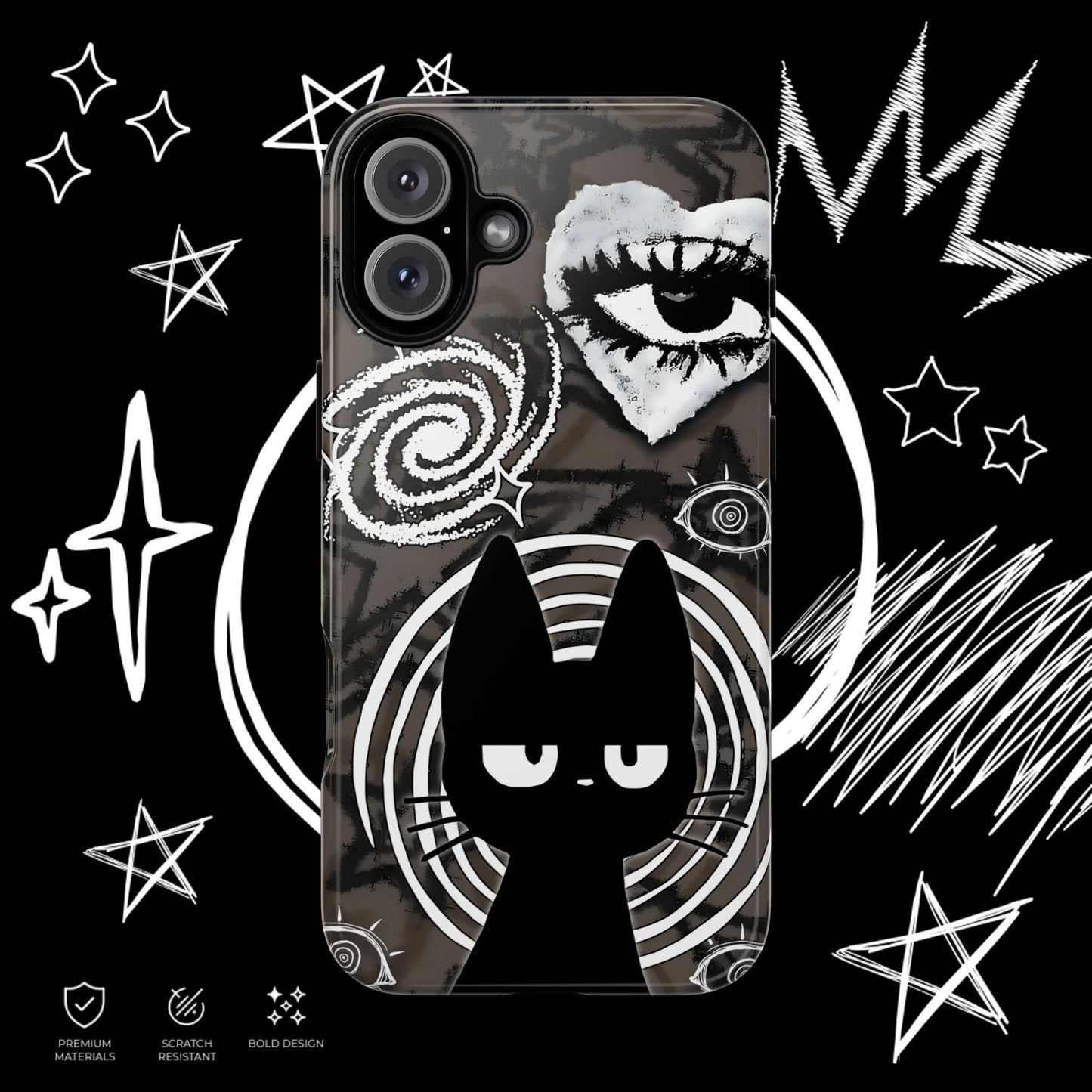 Dark gothic cat phone case featuring mysterious eye artwork and grunge aesthetic phone cover