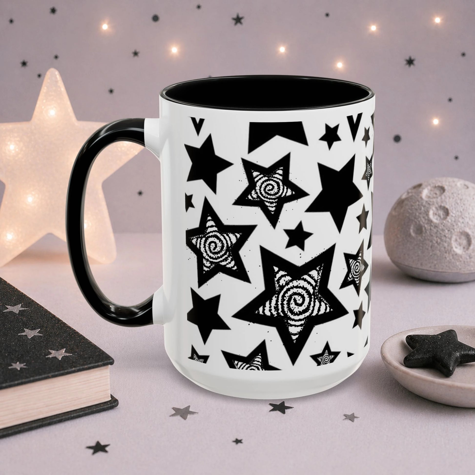 Alternative aesthetic coffee mug featuring black stars, spiral celestial artwork and minimalist gothic design, perfect for everyday coffee or tea.