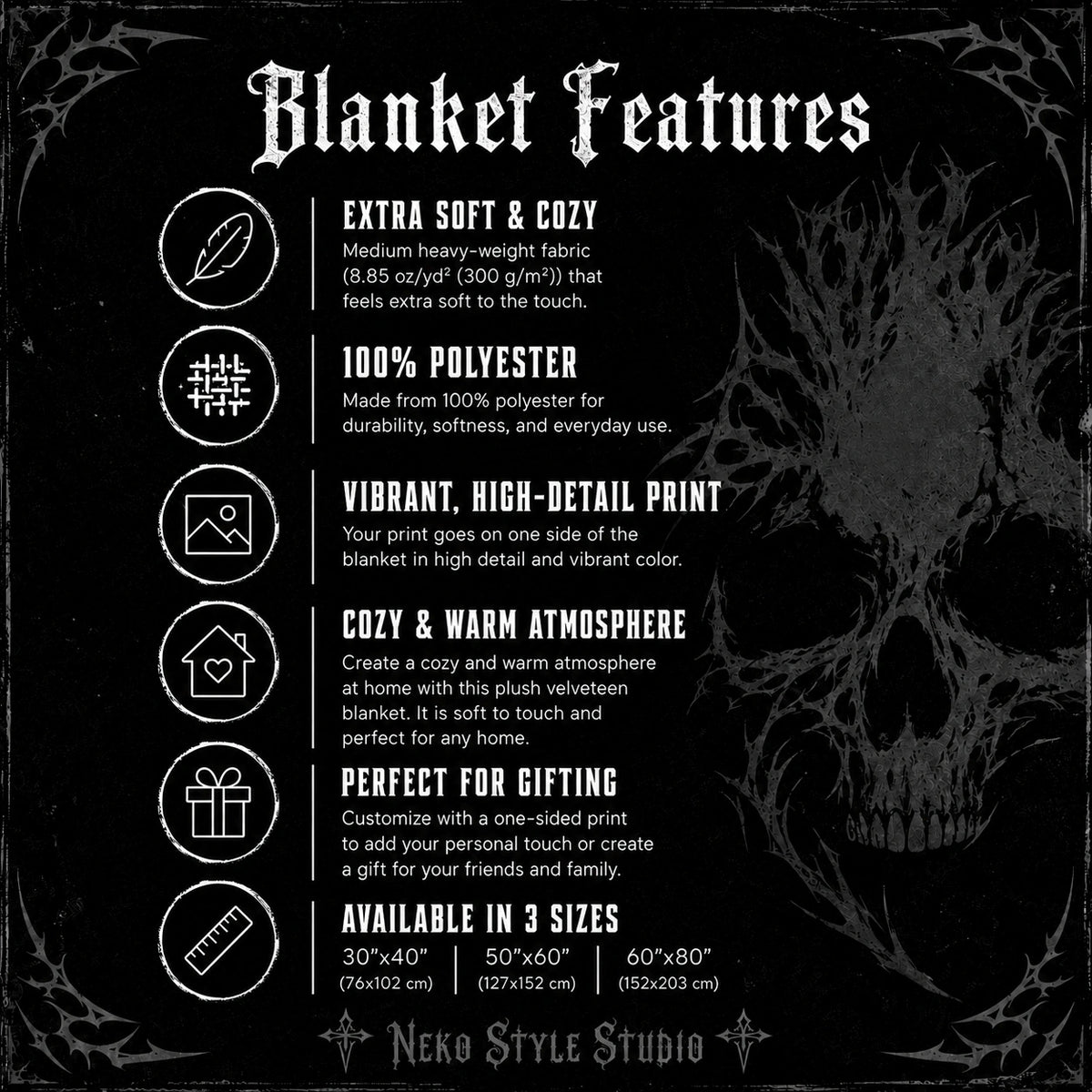 Gothic skull blanket features: extra soft 100% polyester, vibrant high-detail print, available in 3 sizes – NekoStyleStudio