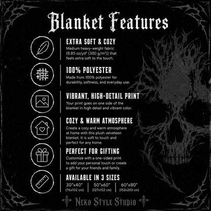 Gothic skull blanket features: extra soft 100% polyester, vibrant high-detail print, available in 3 sizes – NekoStyleStudio