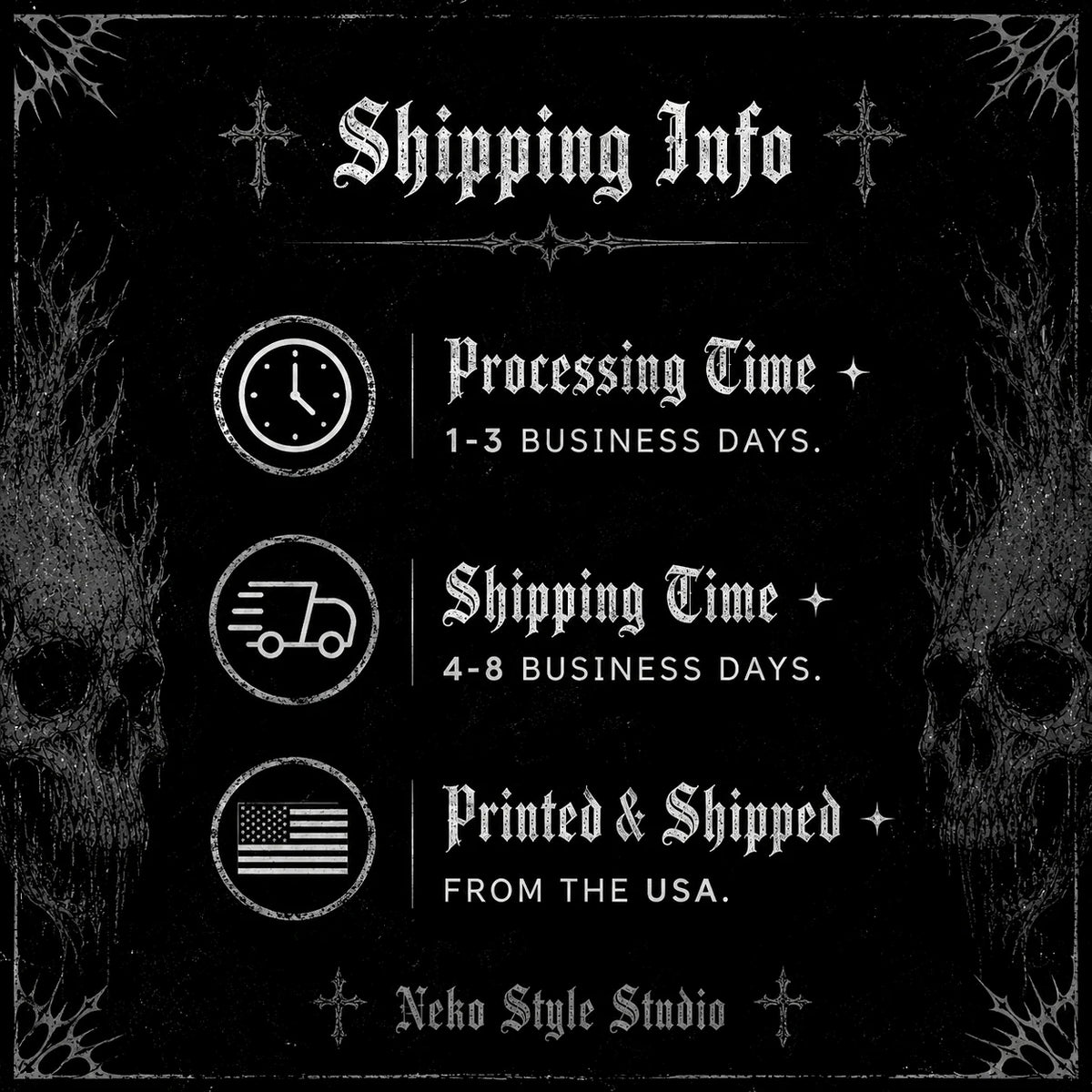 Shipping info: 1-3 days processing, 4-8 days delivery, printed and shipped from the USA – NekoStyleStudio