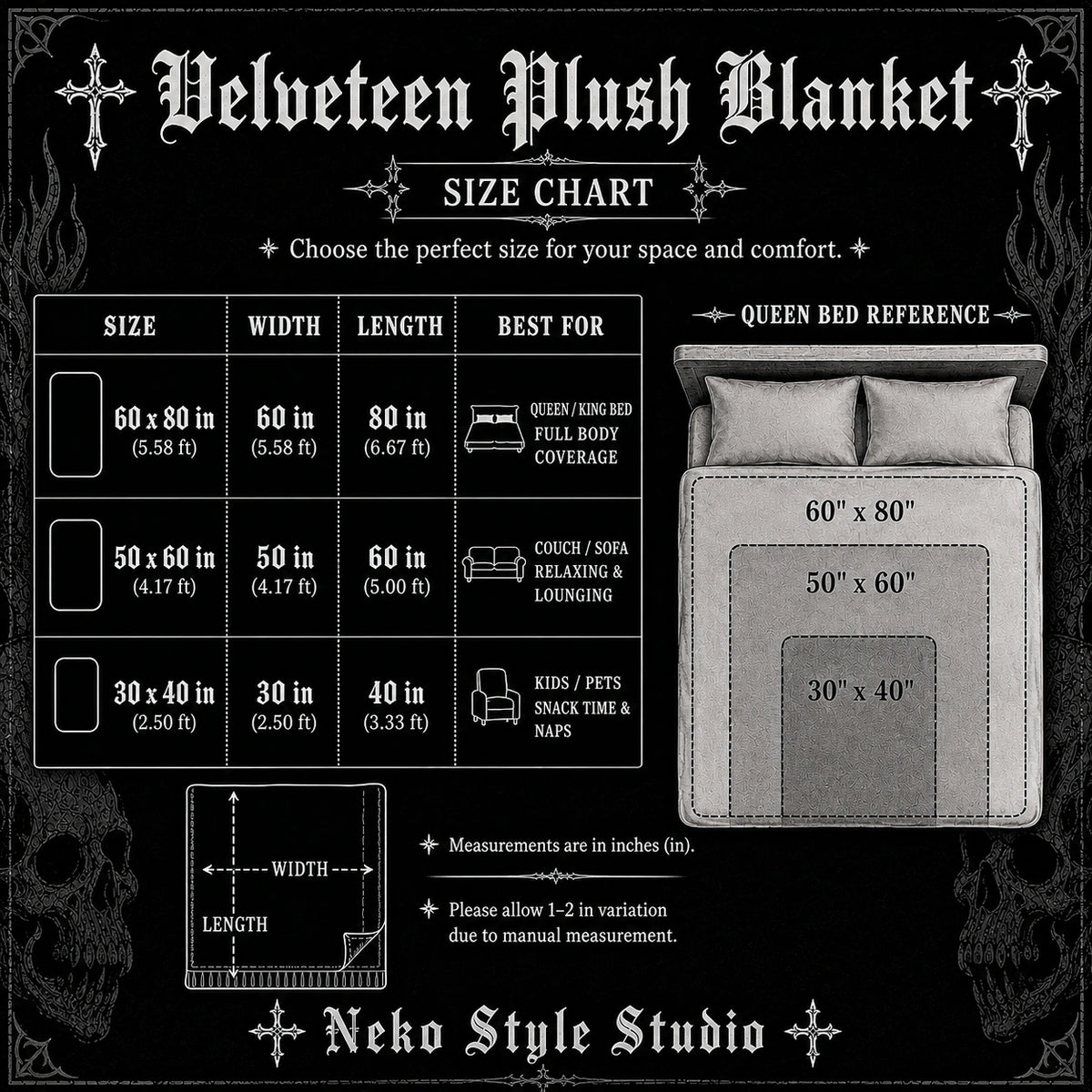 Velveteen plush blanket size chart: 30x40, 50x60, 60x80 inches – gothic skull blanket by NekoStyleStudio