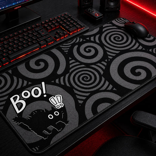Spooky black cat with glowing eyes and Boo text on dark gothic desk mat - cute creepy mousepad for gamers and cat lovers