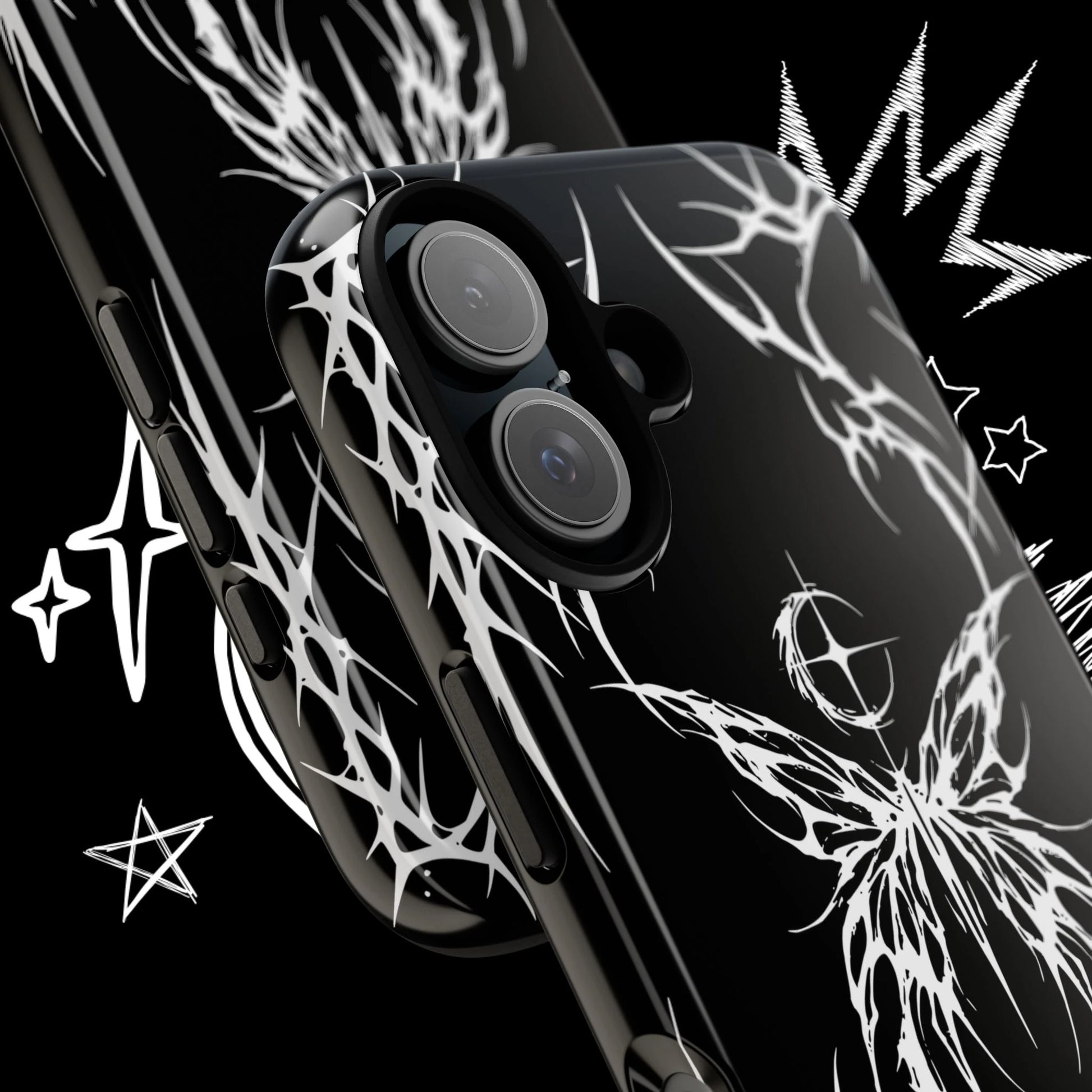 Close Up of Gothic Butterfly Phone Case Showing Premium Print Detail and Gloss Finish