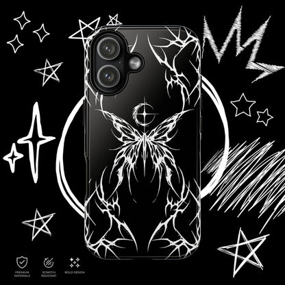 Black and White Gothic Butterfly Phone Case with Tribal Art, Fairycore Alternative Style