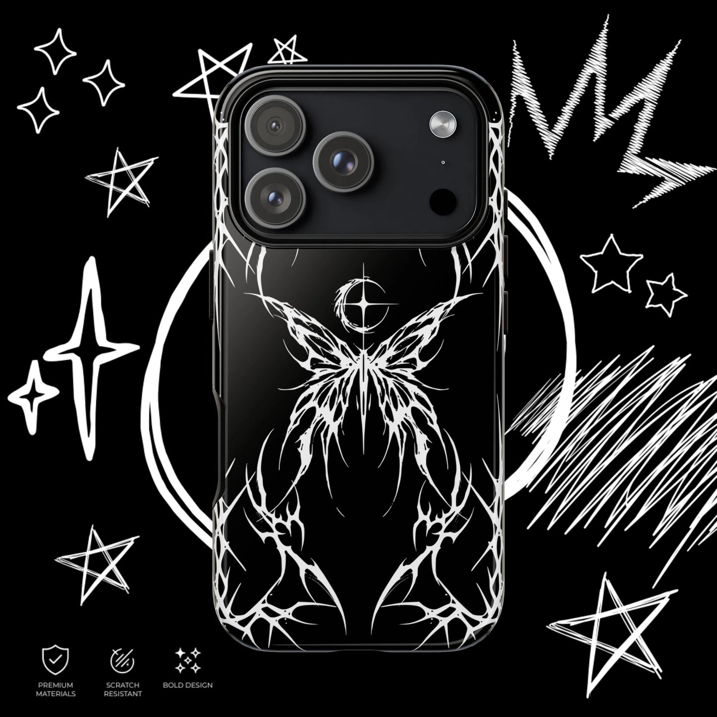Black Gothic Butterfly Phone Case with White Tribal Design, Dark Fairy Aesthetic Phone Cover