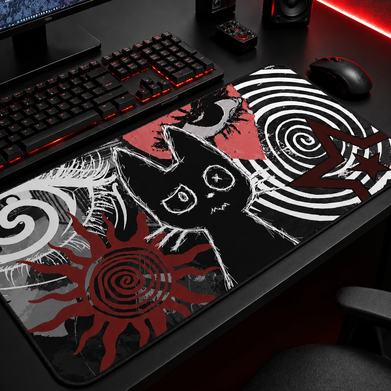 Dark Punk Cat Mousepad – Grunge Scribble Art Gaming Desk Mat with Spiral Eyes