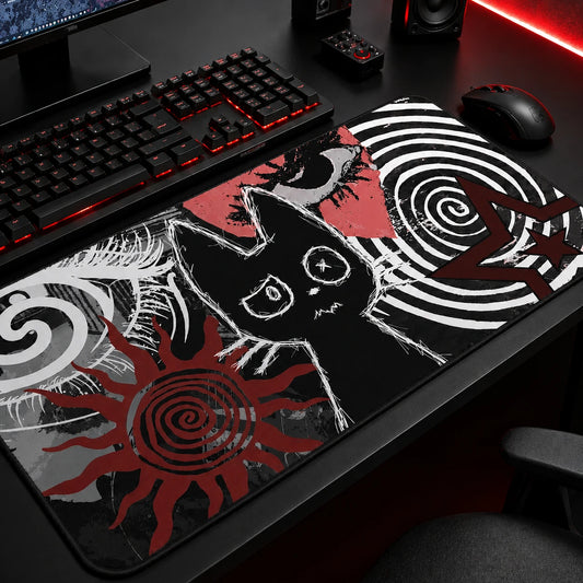 Dark Punk Cat Mousepad – Grunge Scribble Art Gaming Desk Mat with Spiral Eyes