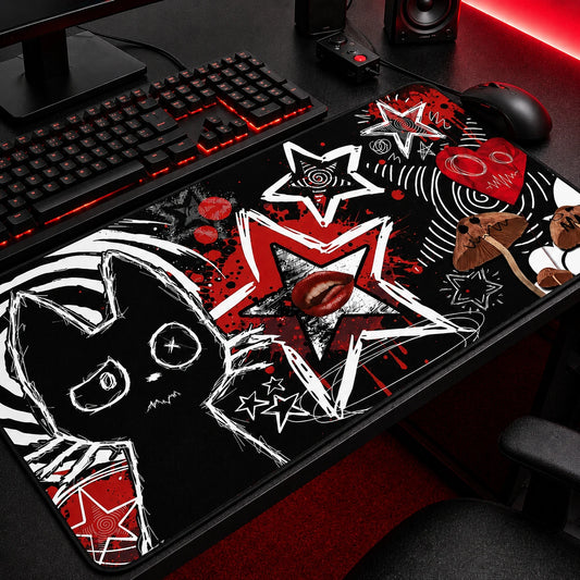 Alt grunge desk mat with black, red and white cat and star artwork — dark aesthetic gaming mousepad for edgy setups