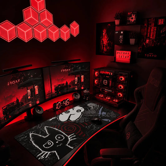 Dark punk anime XL mousepad – creepy cat gaming mat on red desk setup | NekoStyleStudio