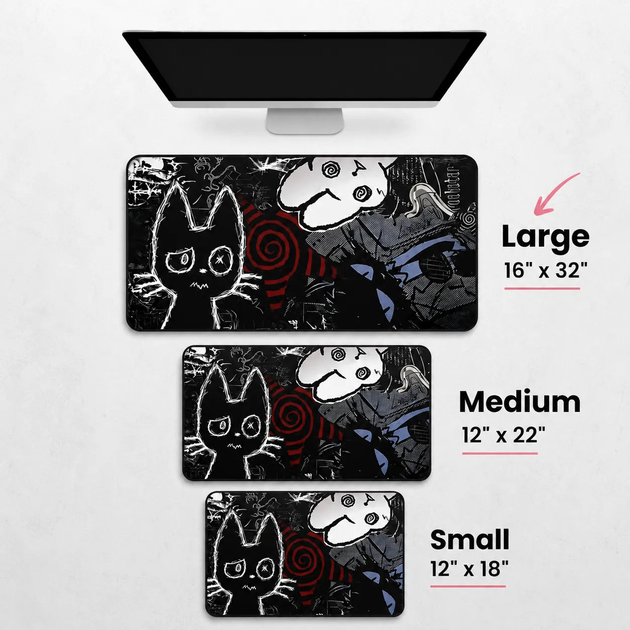 Size guide for XL dark anime cat desk mat – full desk coverage gaming mousepad
