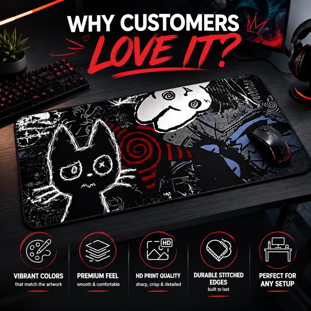 Close-up of smooth surface on dark anime cat mousepad – precise mouse tracking desk mat