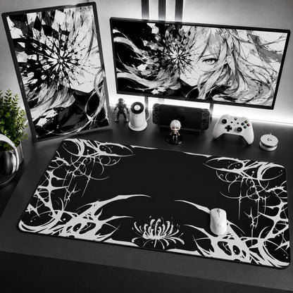 Black Gothic Floral Mouse Pad XL with White Spider Lily Design for Gaming Setup