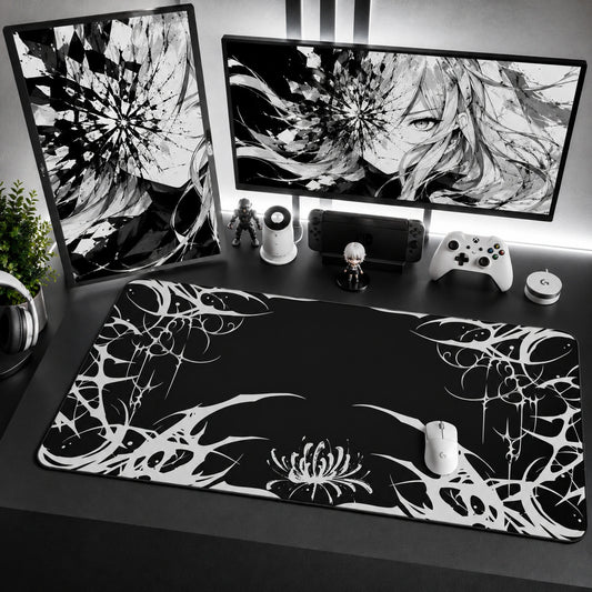 Black Gothic Floral Mouse Pad XL with White Spider Lily Design for Gaming Setup
