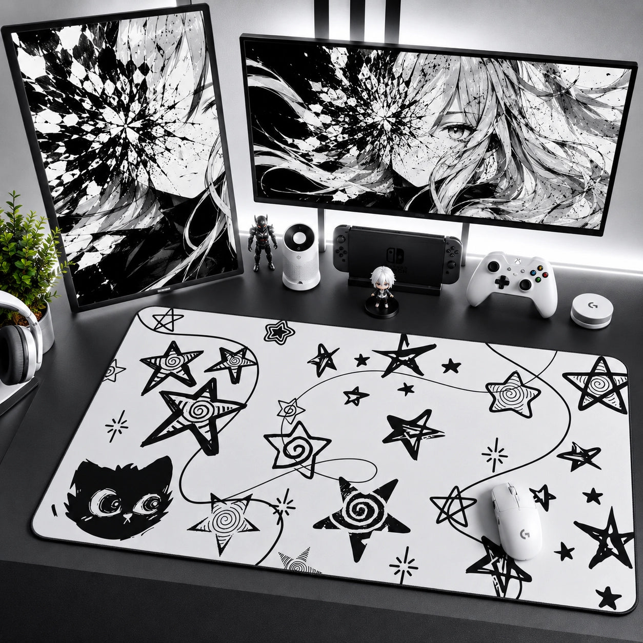 Kawaii Black Cat Desk Mat with Spiral Stars Aesthetic Mouse Pad for Gaming Setup