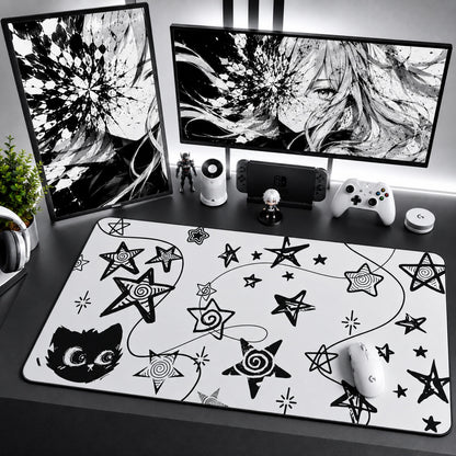 Kawaii Black Cat Desk Mat with Spiral Stars Aesthetic Mouse Pad for Gaming Setup