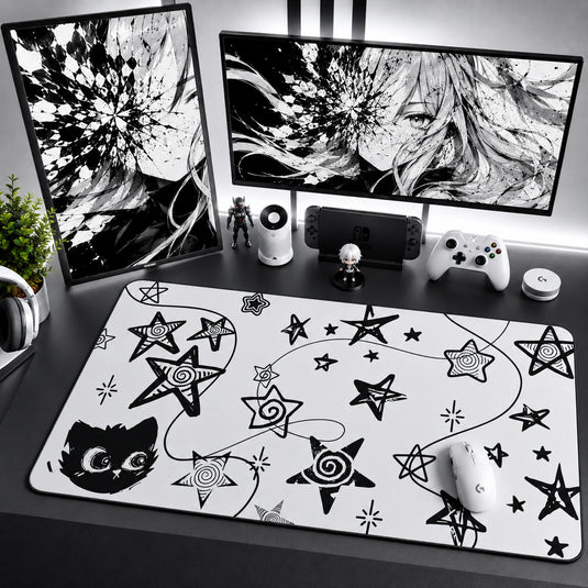 Kawaii Black Cat Desk Mat with Spiral Stars Aesthetic Mouse Pad for Gaming Setup