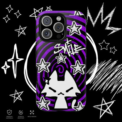 Purple Alternative Cat Phone Case for iPhone, Y2K Emo Design with Stars and Spiral Background