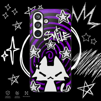 Cute Emo Cat Phone Case for Samsung Galaxy, Purple Spiral Background and Grunge Star Design