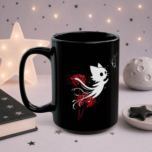 Gothic black coffee mug with white ghost cat artwork, red spider lily flowers and butterfly illustration, spooky cute anime style drinkware.
