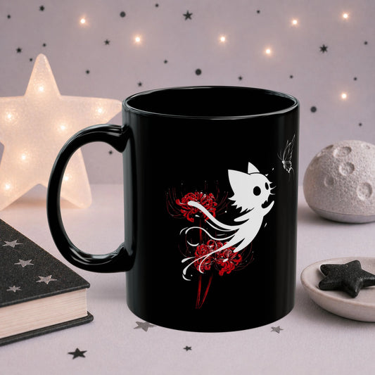 Alternative aesthetic black mug with ghost cat and red floral design, unique gothic gift for cat lovers, anime fans and spooky decor enthusiasts.
