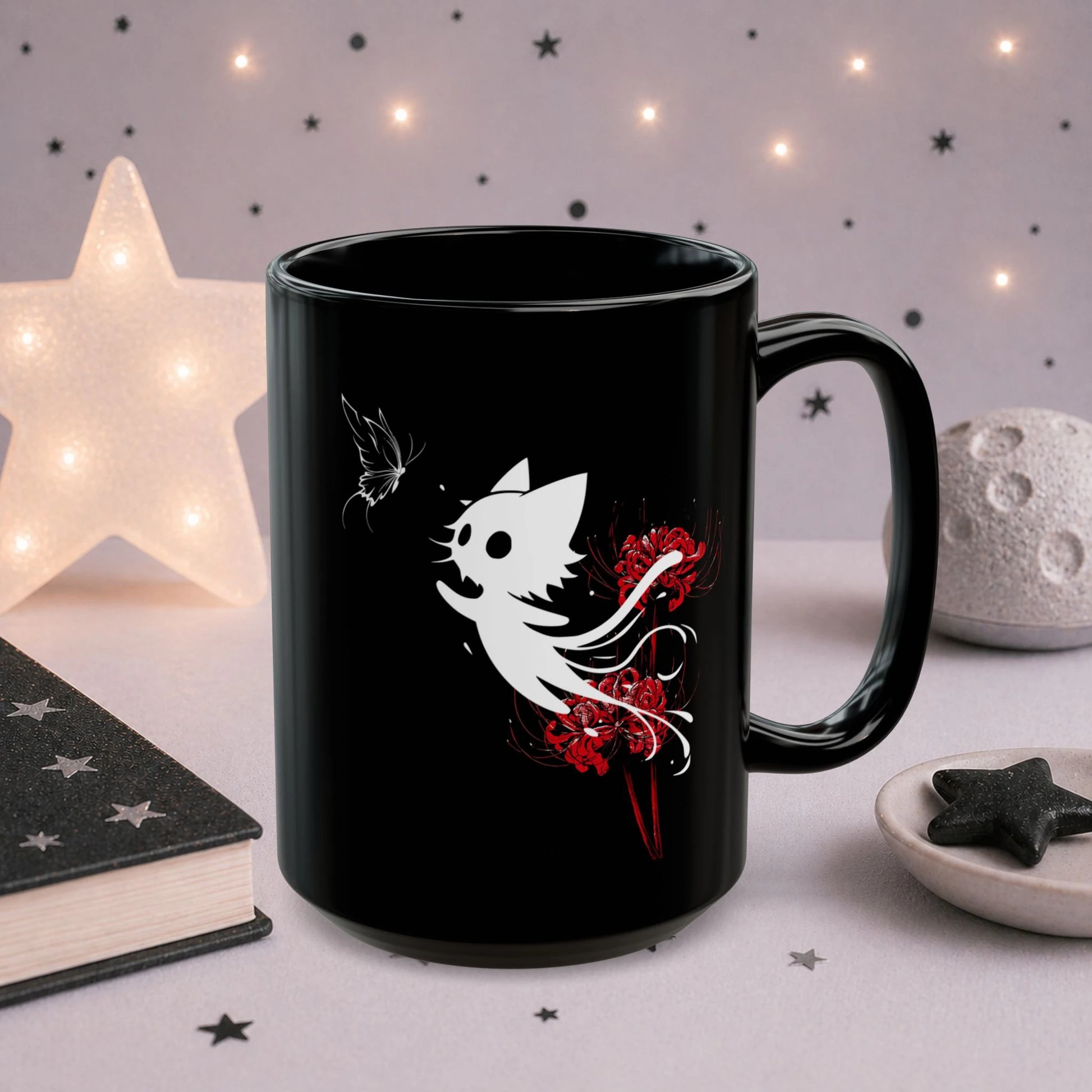 Black gothic cat ghost mug with red spider lilies and butterfly design, aesthetic spooky ceramic coffee cup for anime and alternative decor lovers.