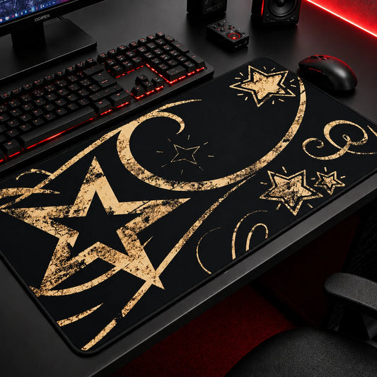 Gold celestial gaming mousepad featuring moon and star artwork on a black background. Elegant witchcore and celestial aesthetic desk mat with vintage gold distressed details, perfect for gothic room decor, gaming setups, astrology lovers, and alternative desk accessories.
