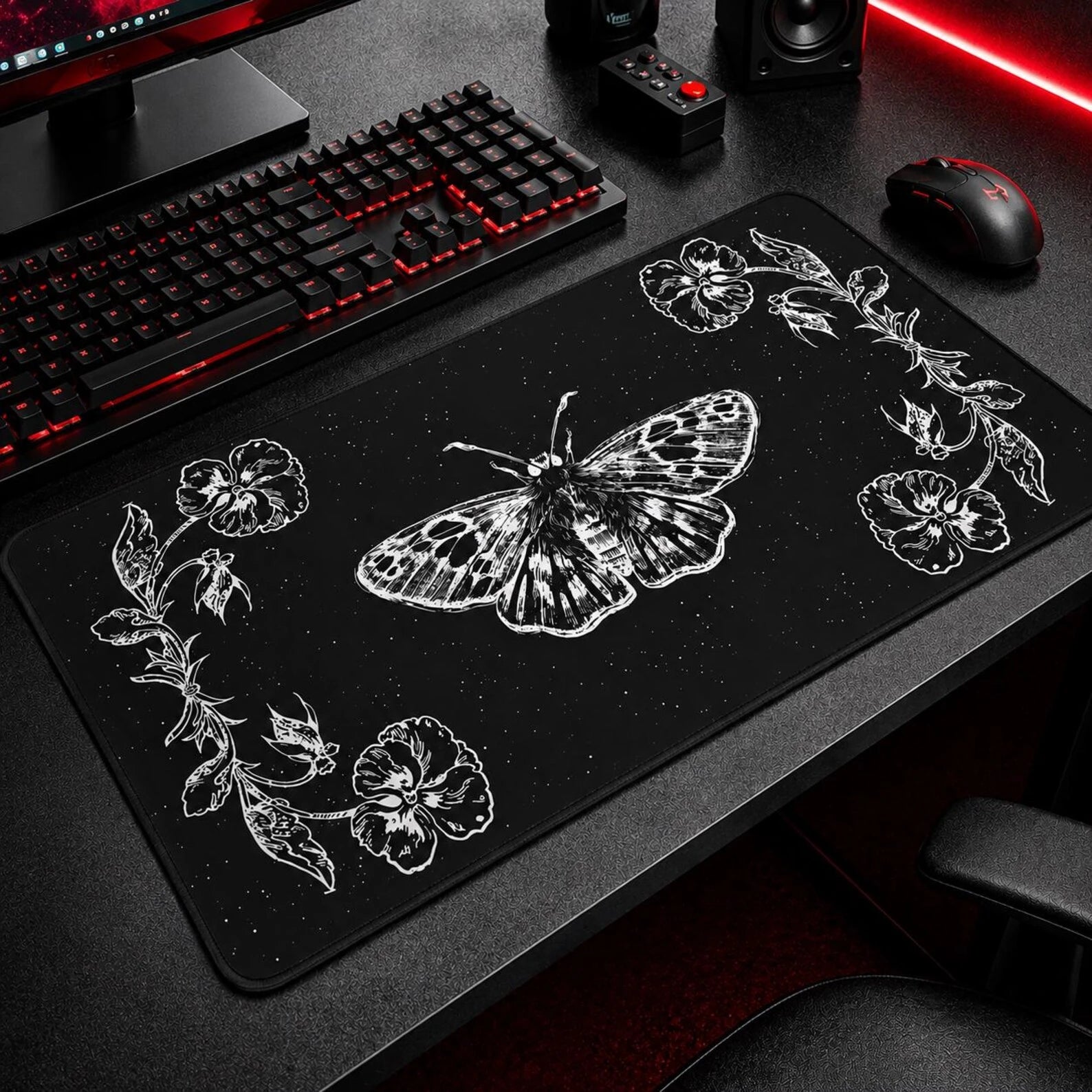 Gothic butterfly mousepad, dark floral desk mat for gamer setup