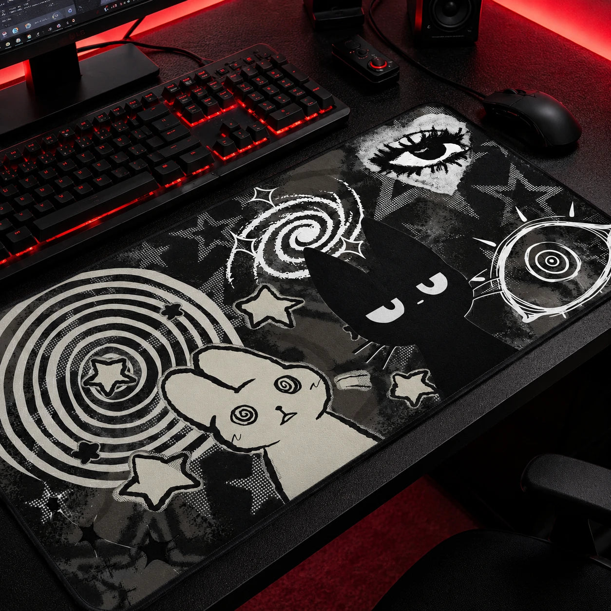 Trippy bunny cat mouse pad mockup — goth desk mat with psychedelic dark aesthetic artwork