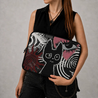 Gothic black cat laptop sleeve with grunge aesthetic artwork, featuring a sketch-style cat illustration, hypnotic spirals, red sun motif, and alternative dark art design. Protective zippered laptop case for gothic, emo, and alternative style lovers.