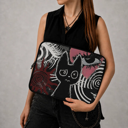 Gothic black cat laptop sleeve with grunge aesthetic artwork, featuring a sketch-style cat illustration, hypnotic spirals, red sun motif, and alternative dark art design. Protective zippered laptop case for gothic, emo, and alternative style lovers.