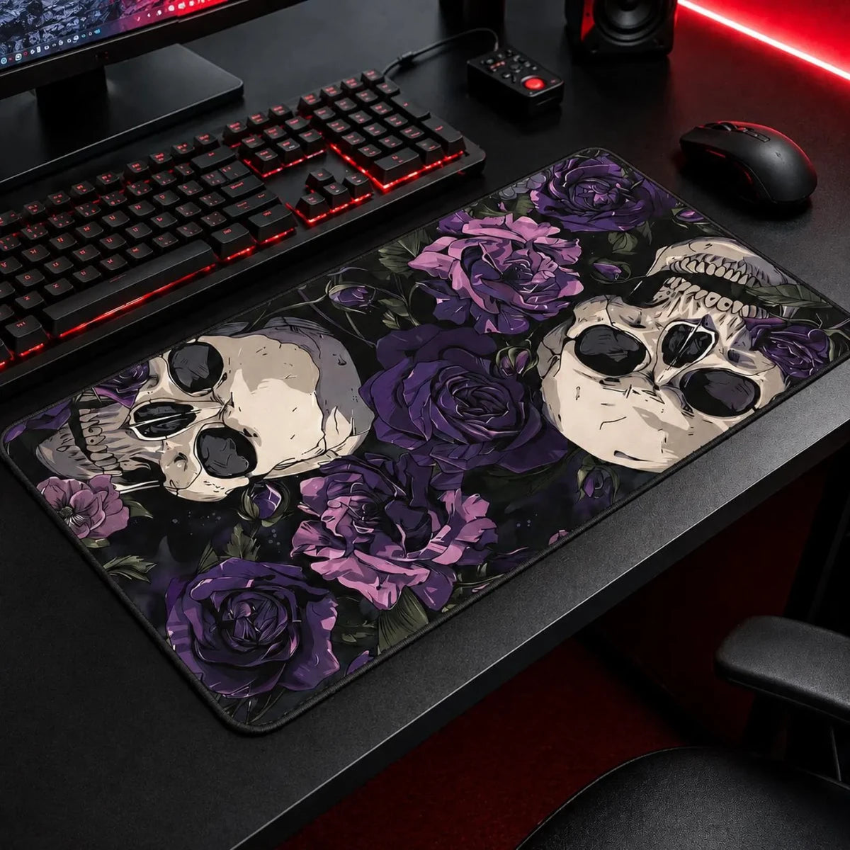 Dark kawaii mouse pad, alt monochrome gaming setup desk mat