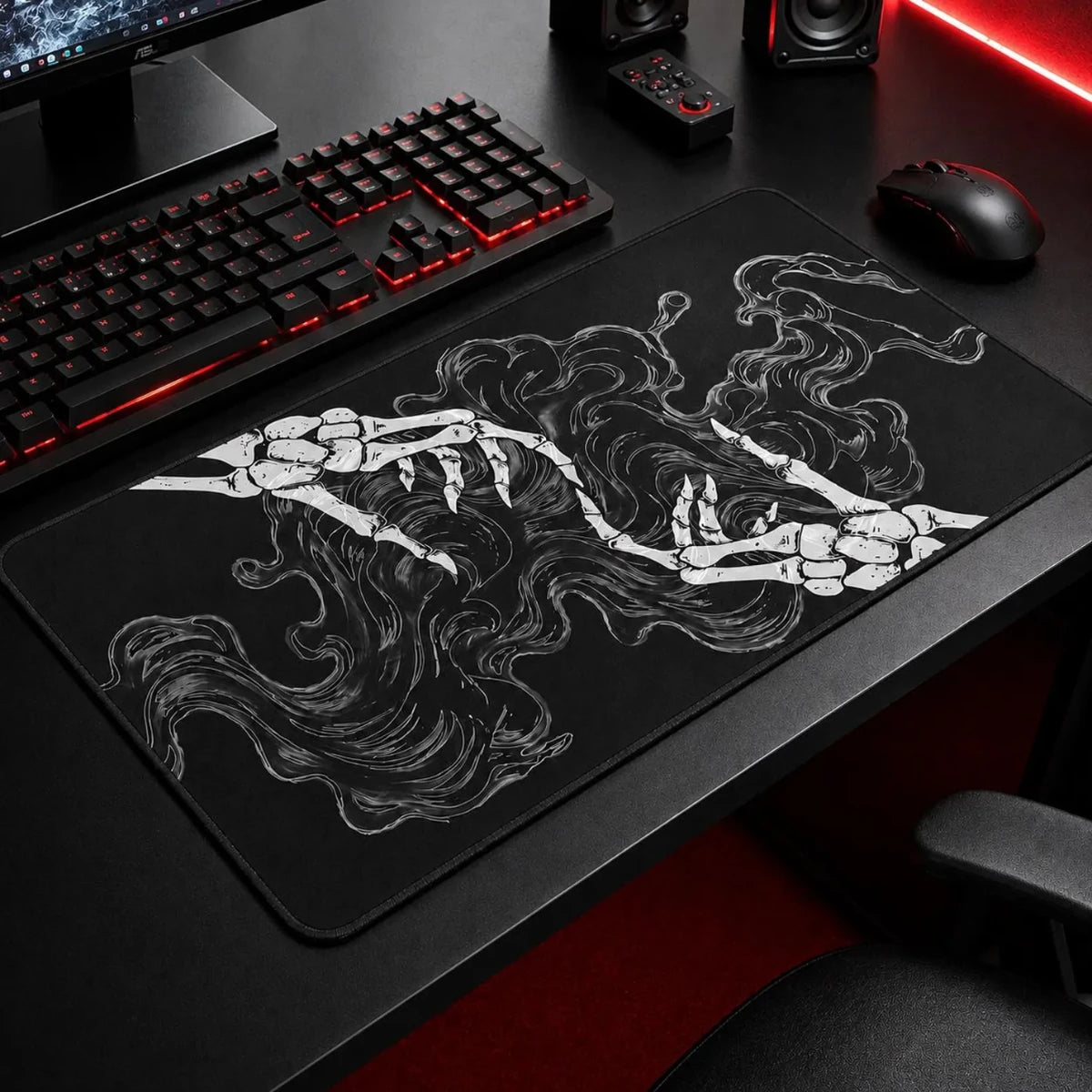 Gothic black desk mat with skeleton hands design, large gaming mousepad