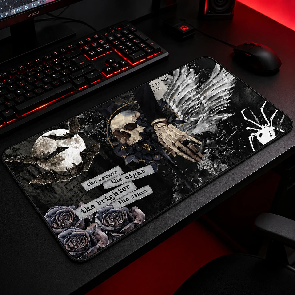 Gothic skull gaming mousepad, dark angel fantasy desk mat.