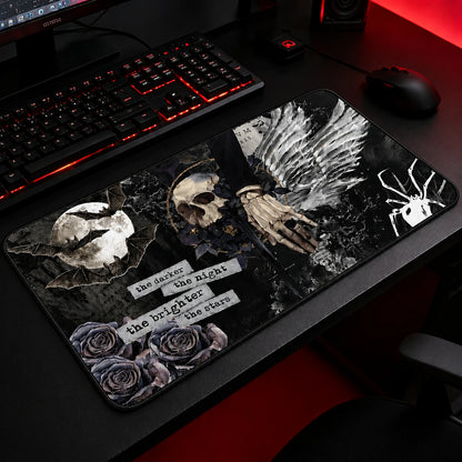 Gothic skull gaming mousepad, dark angel fantasy desk mat.