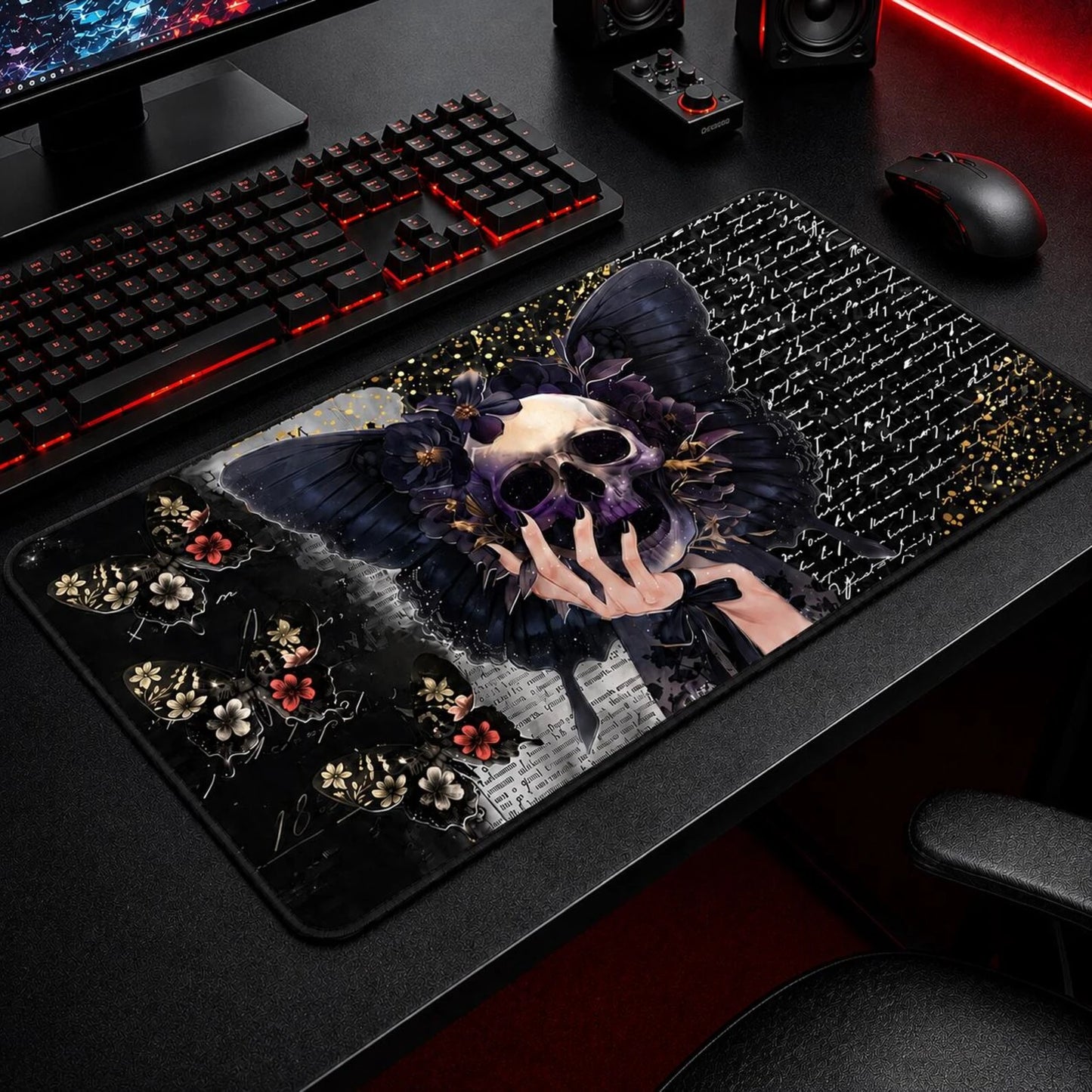 Gothic skull butterfly desk mat, dark academia mousepad for gaming setup