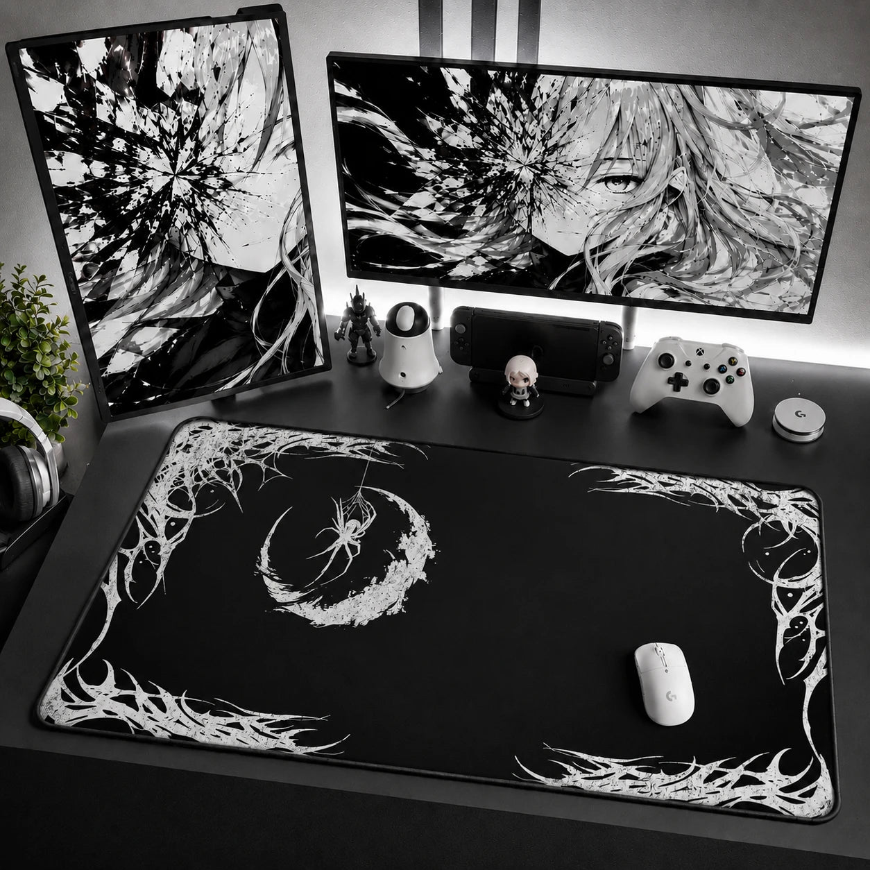 Goth Spider Web Mouse Pad XL in Black Gaming Desk Setup with Crescent Moon Design
