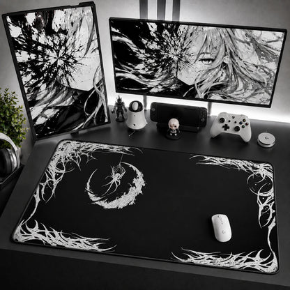 Goth Spider Web Mouse Pad XL in Black Gaming Desk Setup with Crescent Moon Design