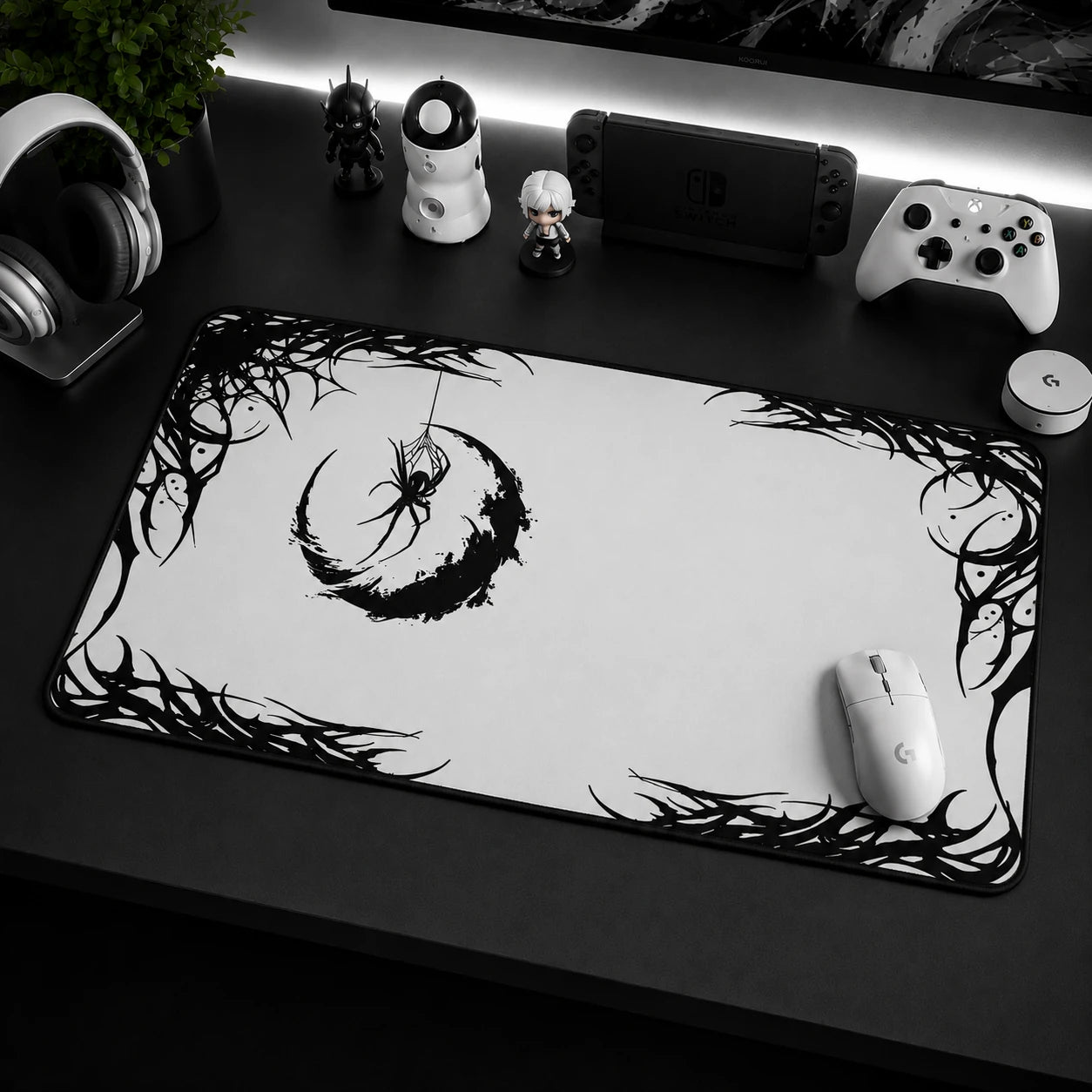 Black and White Goth Spider Web Mouse Pad with Crescent Moon Desk Mat on Dark Gaming Setup
