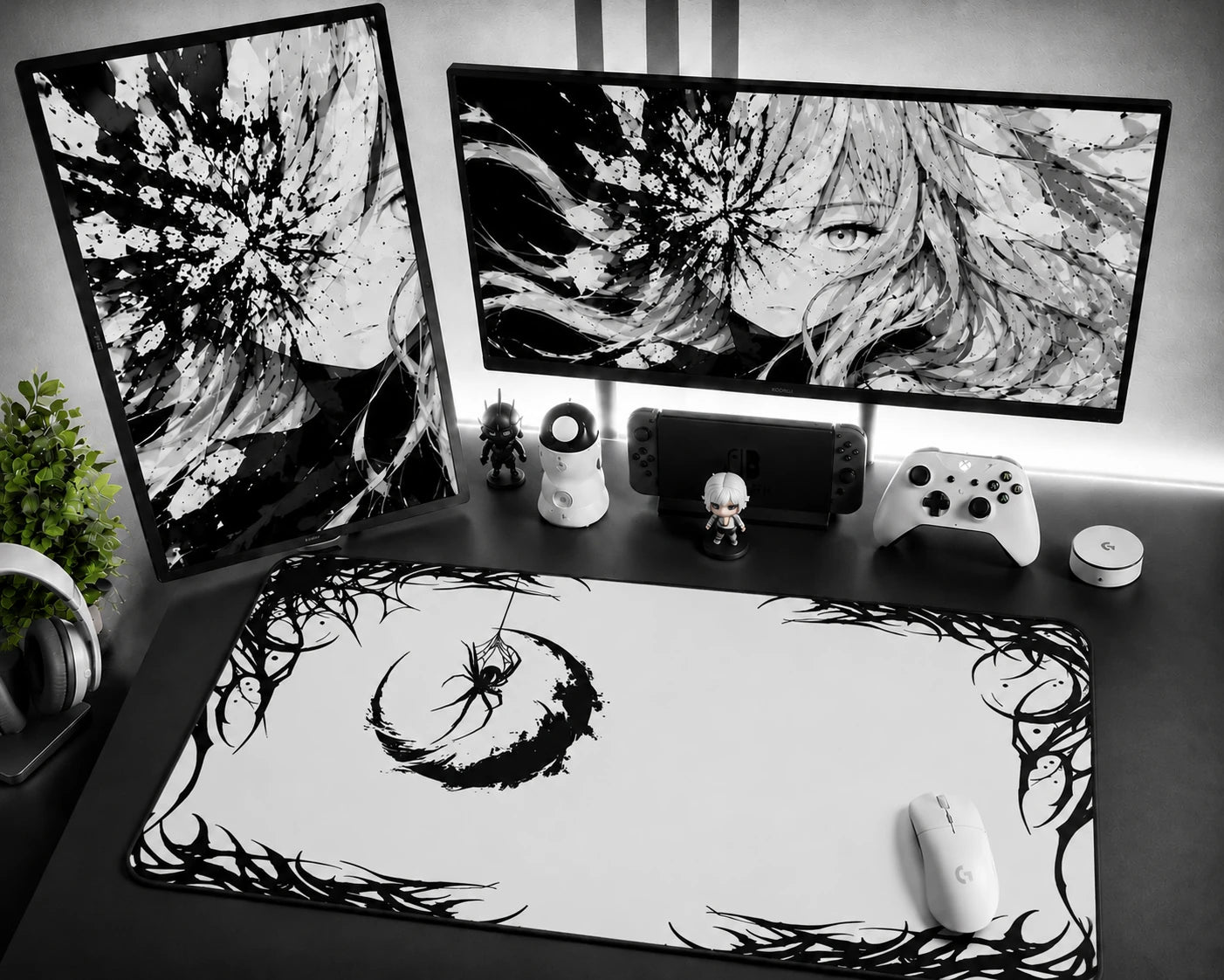 Goth Spider Web Desk Mat XL in Black and White Gaming Setup with Dual Monitor Workspace
