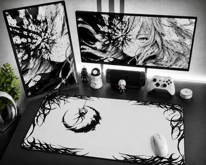 Goth Spider Web Desk Mat XL in Black and White Gaming Setup with Dual Monitor Workspace