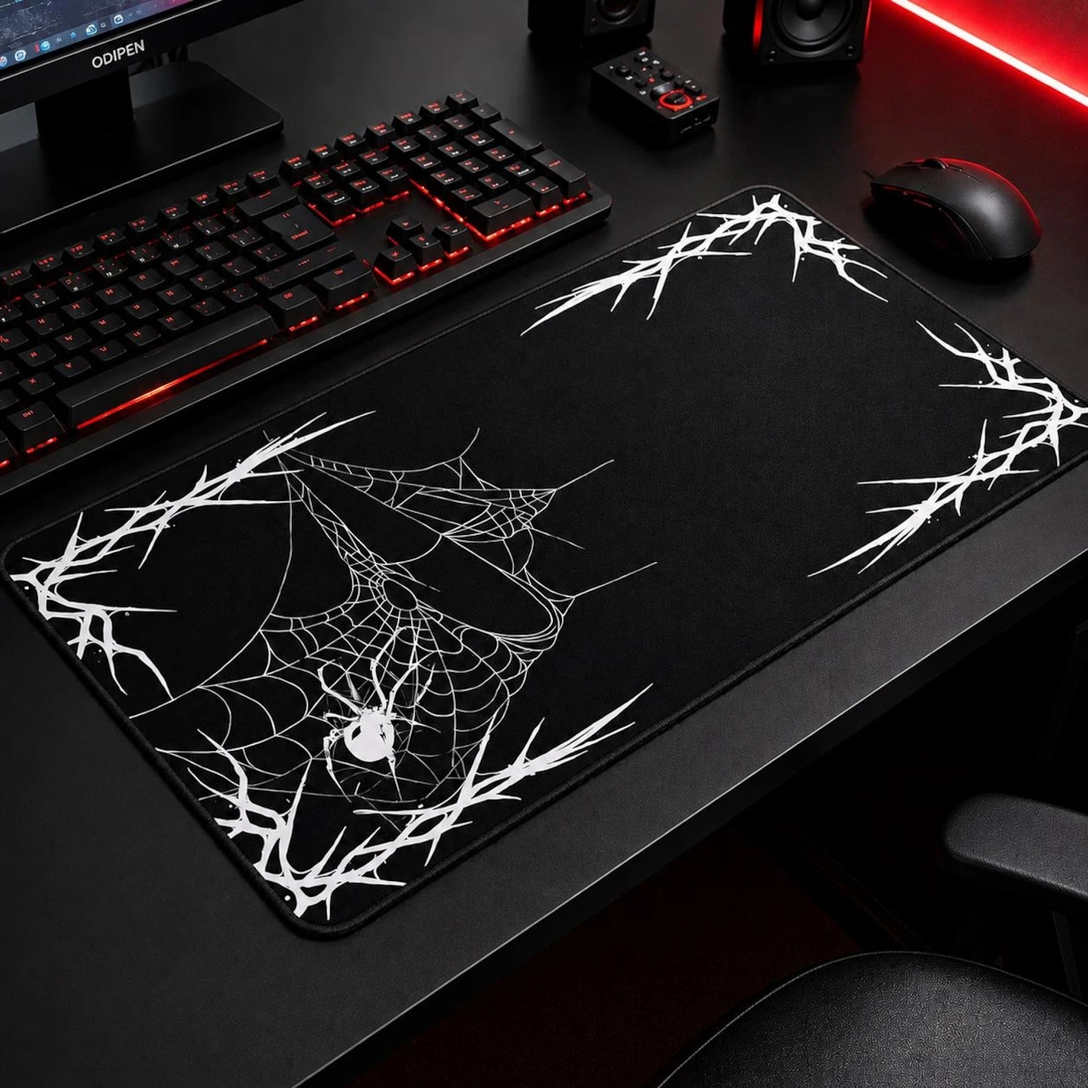 Goth spider web mouse pad, large black and white gaming desk mat