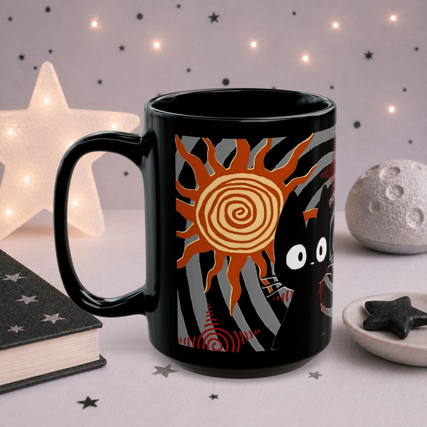 Black cat alt mug detail shot, alternative grunge ceramic coffee cup with trippy cat artwork NekoStyleStudio